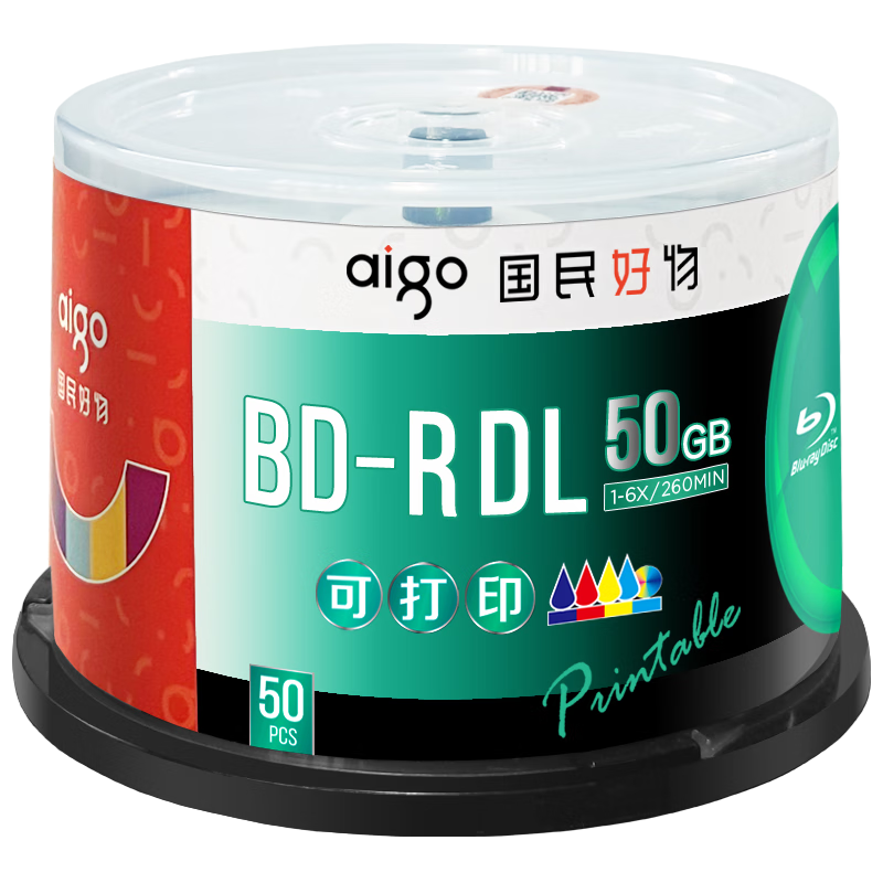 Aigo BD-R DL 1-6x 50GB High Capacity Blu-ray Blank Disc Recordable Blu-ray Printable 50-Pack Spindle