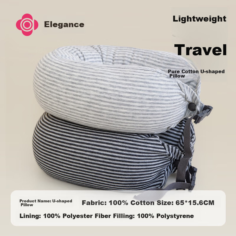 Grace Pure Cotton U-Shaped Travel Neck Pillow Gray Striped