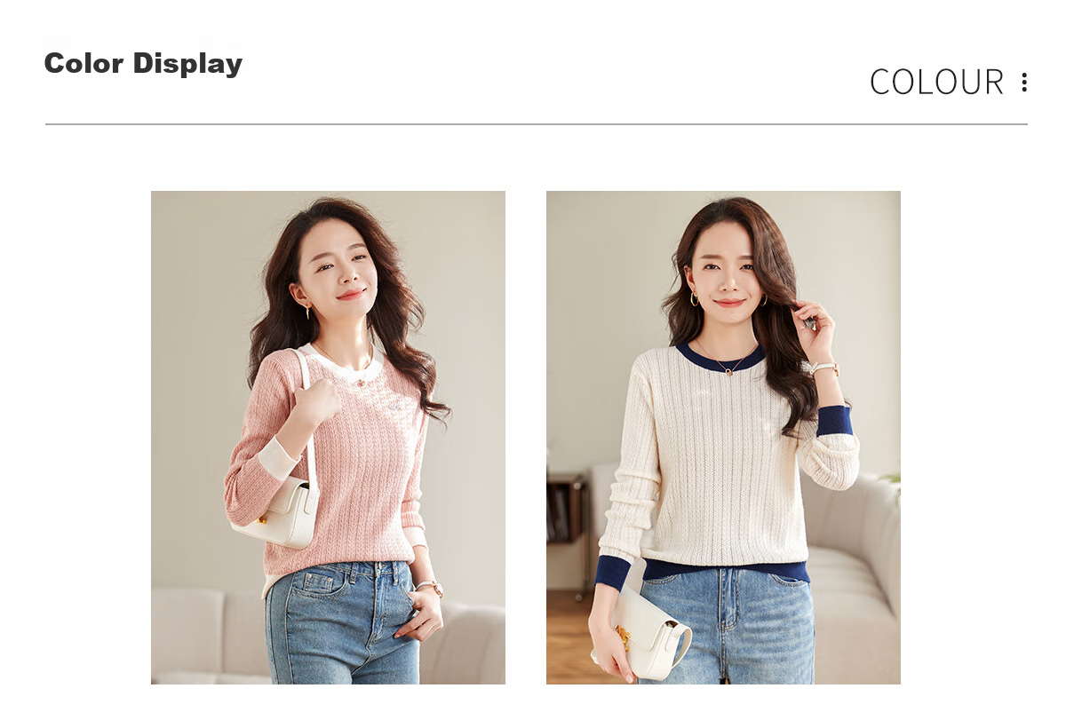 She Enjoy Women's Knitwear Round Neck Thin Sweater Lightweight Knit Top Spring Autumn Versatile Color-Block Collar T53Z155 7