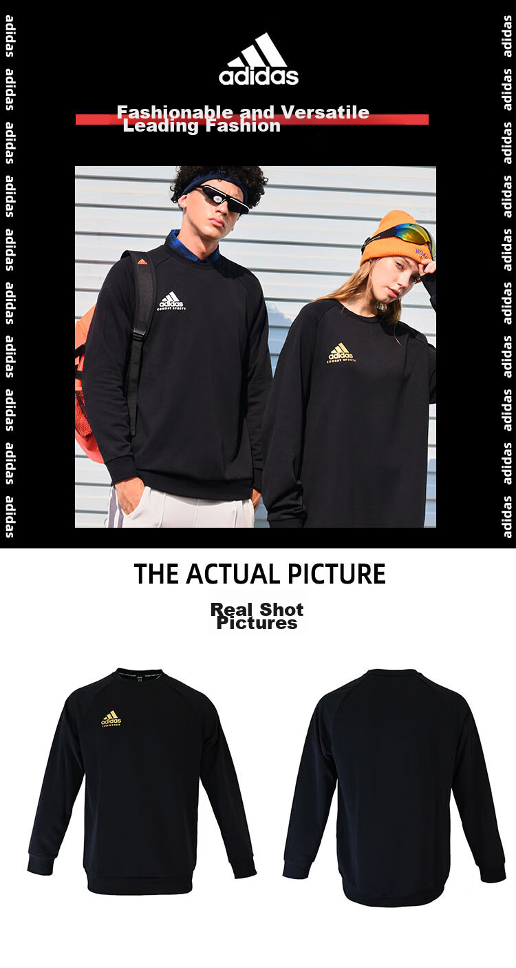 Adidas Men's Sweatshirt, Round Neck Pullover, Spring Windproof Warm Long Sleeve Jacket, Black Gold (Cotton), S 3