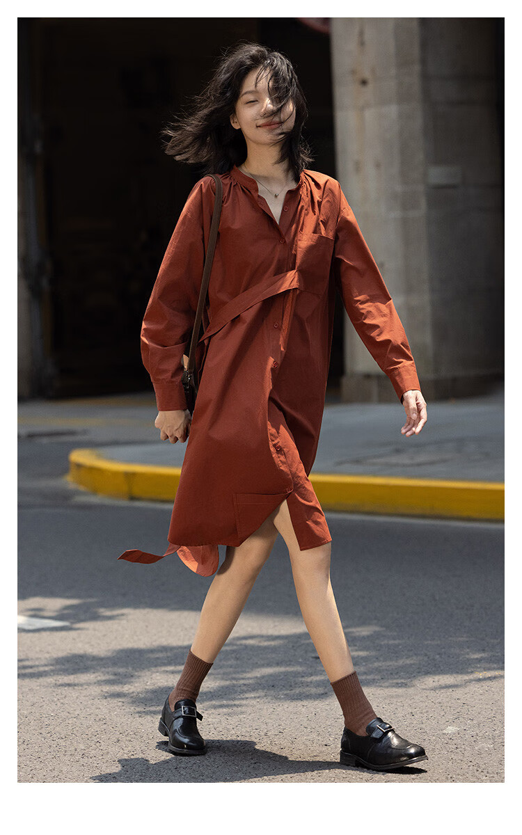 Dme Vintage Shirt Dress with Tie Waist, Niche Design, Loose-Fitting Slimming Dress, Rust Red, S 1