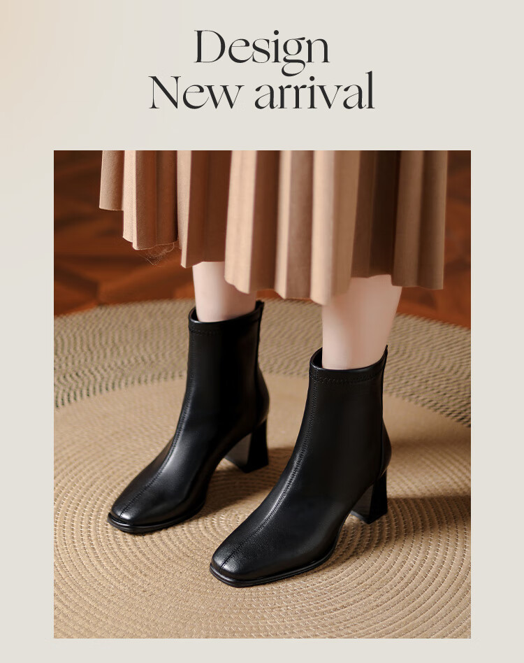 DAPHNE Women's Ankle Boots, Versatile for Spring And Autumn, French-Style High Heels, Nude Boots with Chunky Heel, Slim-Fit Women's Boots, Black, Size 35 3
