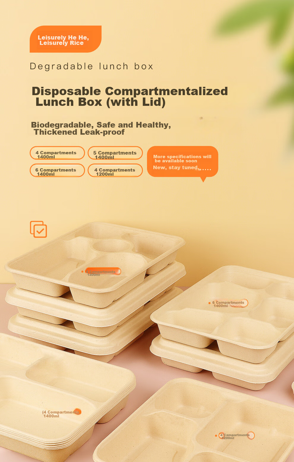 Youheyoumi Six-Compartment 1300ml*25 Sets Disposable Food Containers with Lids, Takeout Packaging, Multi-Compartment Lunch Boxes, Biodegradable Series 1