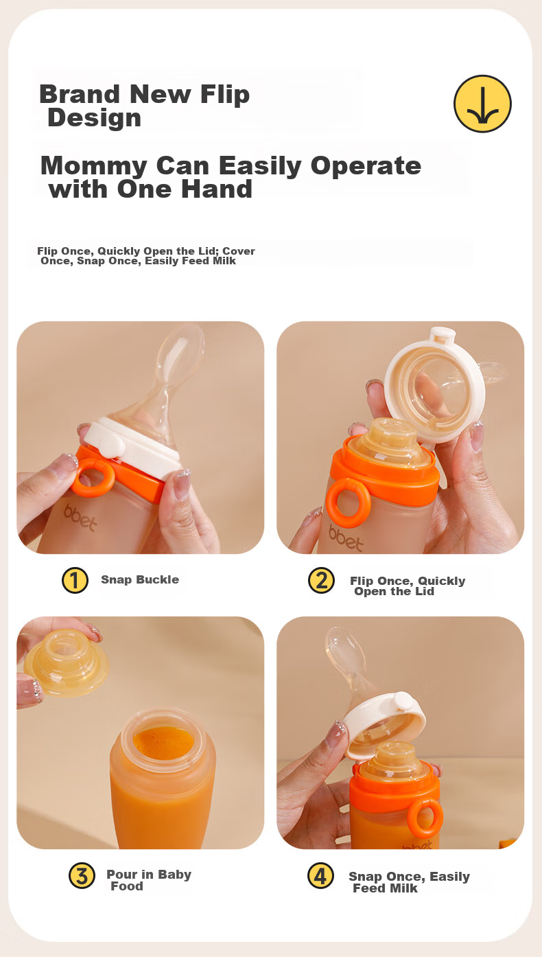 Barbie Elephant Baby Rice Paste Spoon And Bottle, Silicone Large Capacity Squeeze Feeding Tool for Complementary Food, Newborn Gift Box, Orange 15