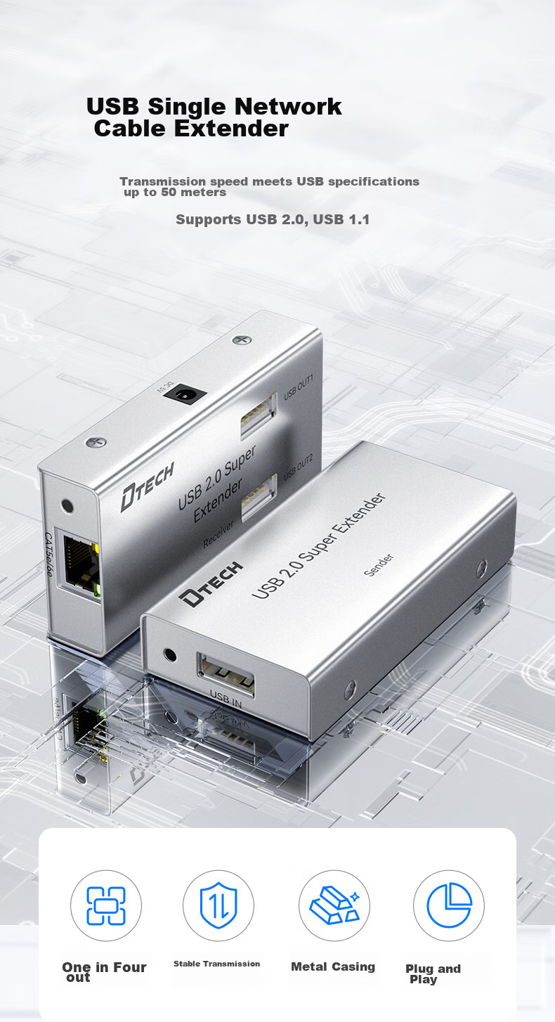 DTECH USB Network Cable Extender 50 Meters, USB 2.0 to RJ45 Ethernet Port Network Signal Amplifier And Extender with 4 Ports, DT-7014A 1