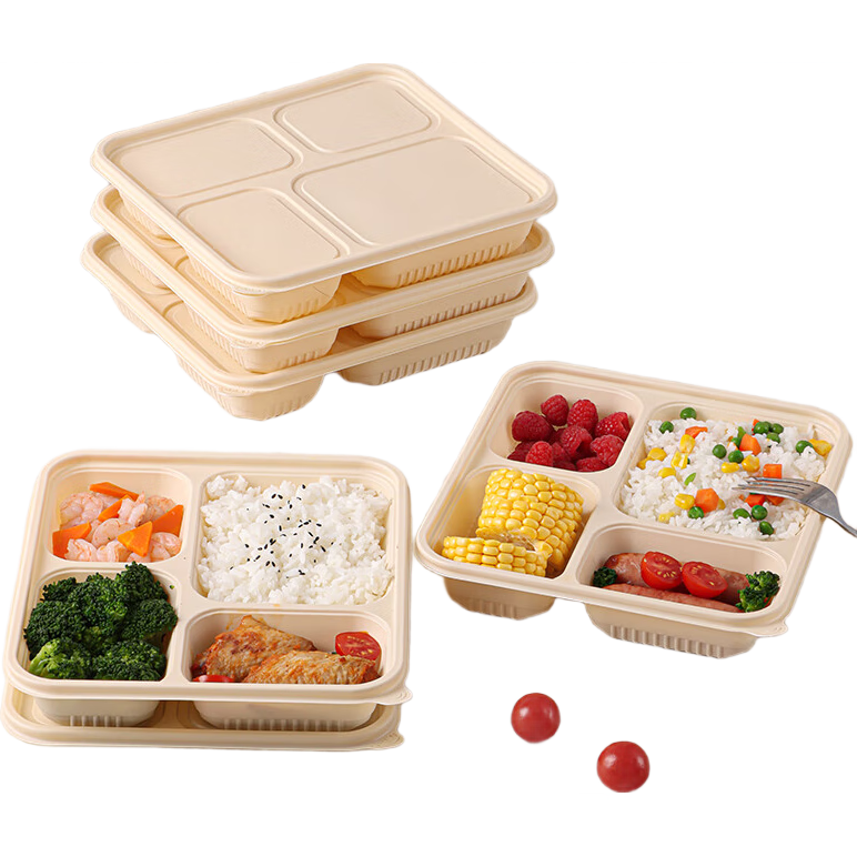 Baijie Corn Starch Disposable Food Containers, Biodegradable Microwave-Safe Lunch Boxes with Lids, Takeout Containers, Bento Boxes, 4 Compartments * 50 Sets