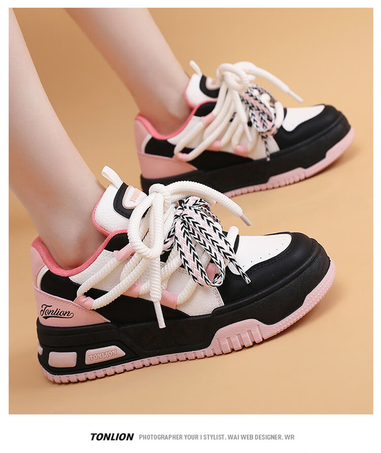 TonLion Women's Shoes, Spring And Summer 2026 Thick-Soled Sneakers, Ladies Casual Shoes, Versatile Sports Dad Shoes, White Black Pink, Size 37 12
