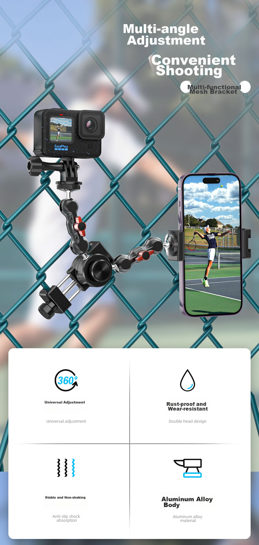 SUREWO Action Camera Mount Bracket Compatible with GoPro Insta360 DJI Action6/5, Fixed Bracket for Basketball Volleyball Tennis Badminton Shooting DSLR Cameras 1