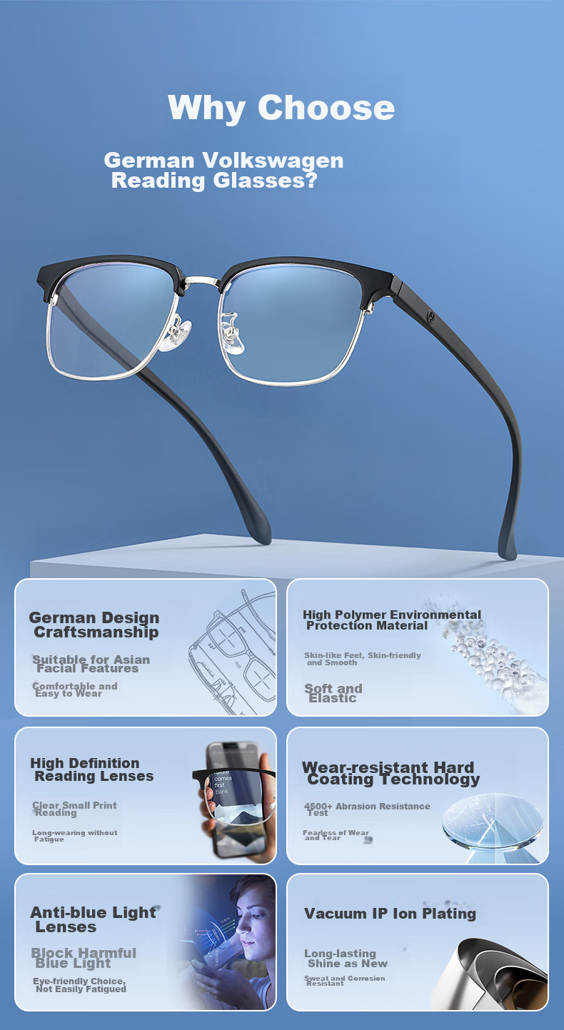 Volkswagen German Imported Brand Reading Glasses, Business Men's High-Definition Anti-Blue Light Glasses for Women, Brand Gift, 607-250 Degrees 4