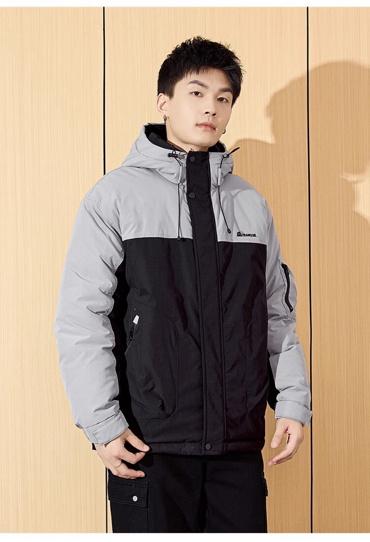 TonLion 2024 Men's Workwear Letter Embroidery Patchwork Hooded Cotton Jacket, Gray Lake Green, L 16