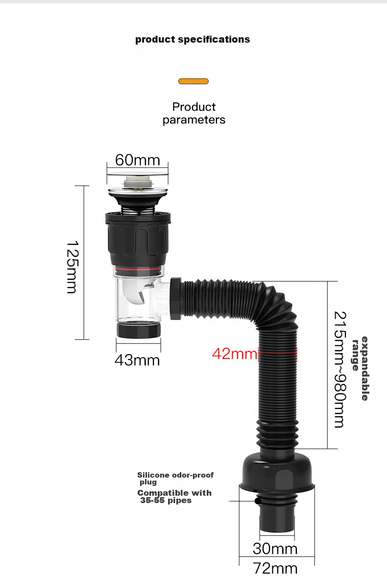 KEGOO Washbasin Large Bounce Drain Kit, Horizontal Drain Pipe for Basin, Anti-Odor And Insect-Proof Sink K5044 15
