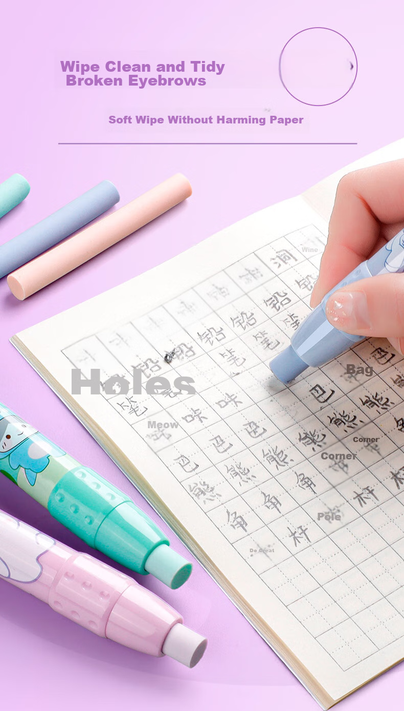 Kabaxiong Push-Button Eraser for Elementary School Students, Essential for Exams, Leaves No Residue And Keeps Hands Clean, Cartoon Soft Grip Handle, Ma Patter 4