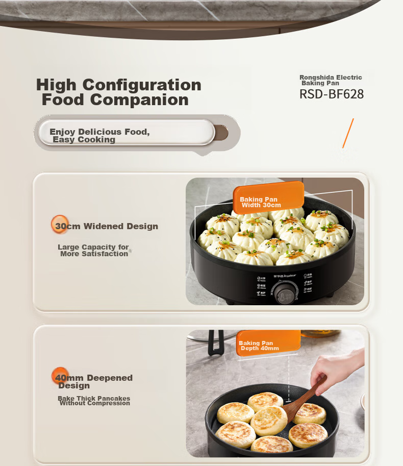 Royalstar Electric Griddle, Household Single-Sided Breakfast Maker, Electric Frying Pan, Pancake Griddle, Multifunctional Pot, Electric Griddle with Increased Depth of 40MM, Upgraded Titanium Coating, RSD-BF628 (T) 2