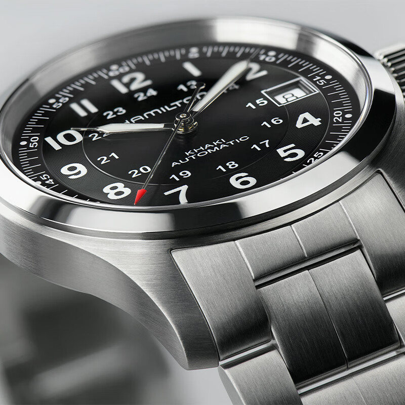 Hamilton Khaki Field Small Red Cap 38 Black Dial Steel Strap Swiss Mechanical Watch, Men's Gift