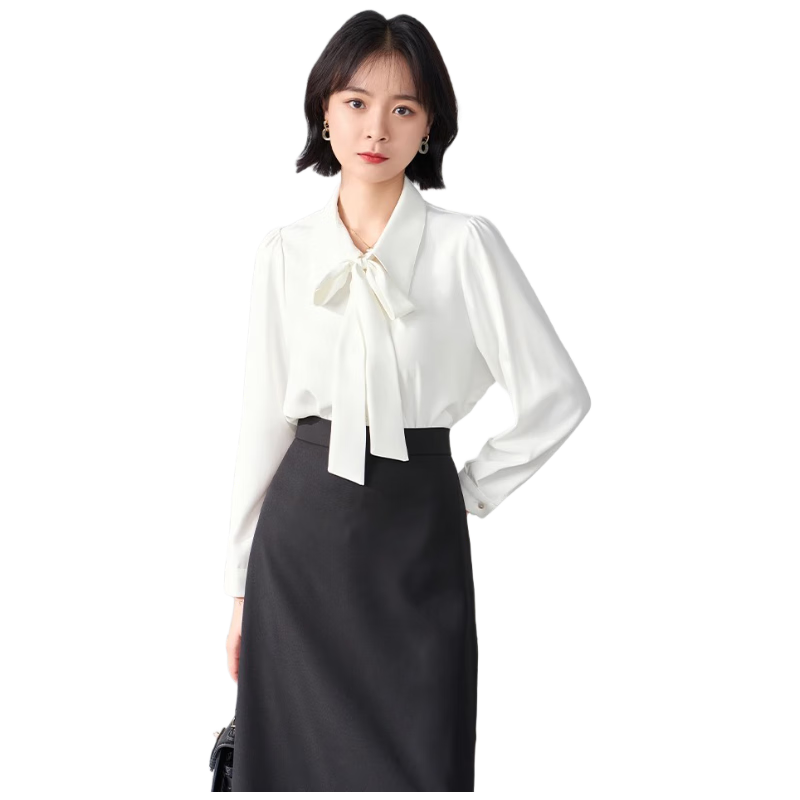 Bodexiaojie Women's Chiffon Bow Tie Blouse, Professional Commute Formal Wear, Inner Layer for Petite Figures, Interview Shirt, White, XL