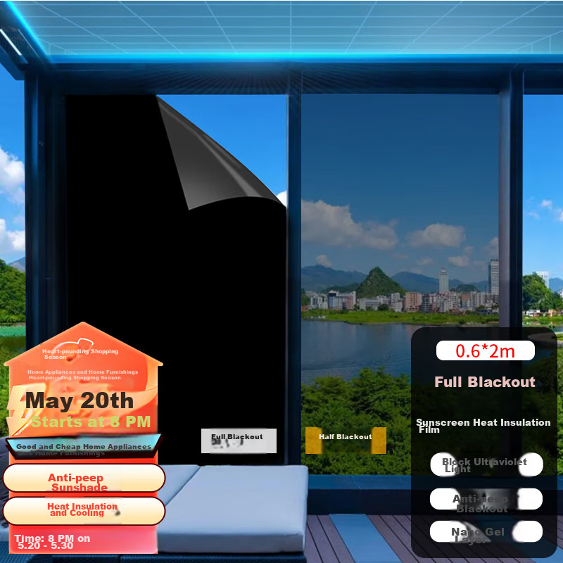 Jinlongxing Window Blackout Film, Sun Protection, Heat Insulation Sticker, Privacy Screen, Sunshade, Full Light Blocking Film, 0.6*2m