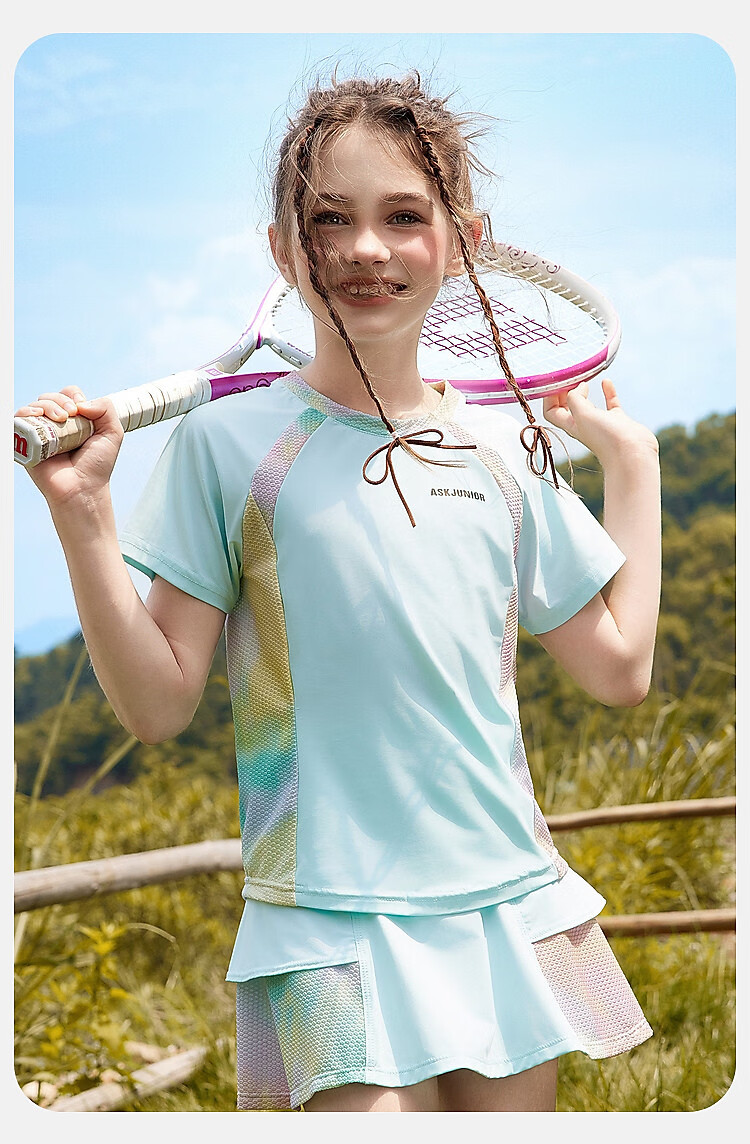 ASK JUNIOR Girls' Sports Set, Summer New Style, Lightweight Breathable Quick-Dry Short-Sleeve Top + Skirt, Ice-Cool Two-Piece Tennis Outfit 24