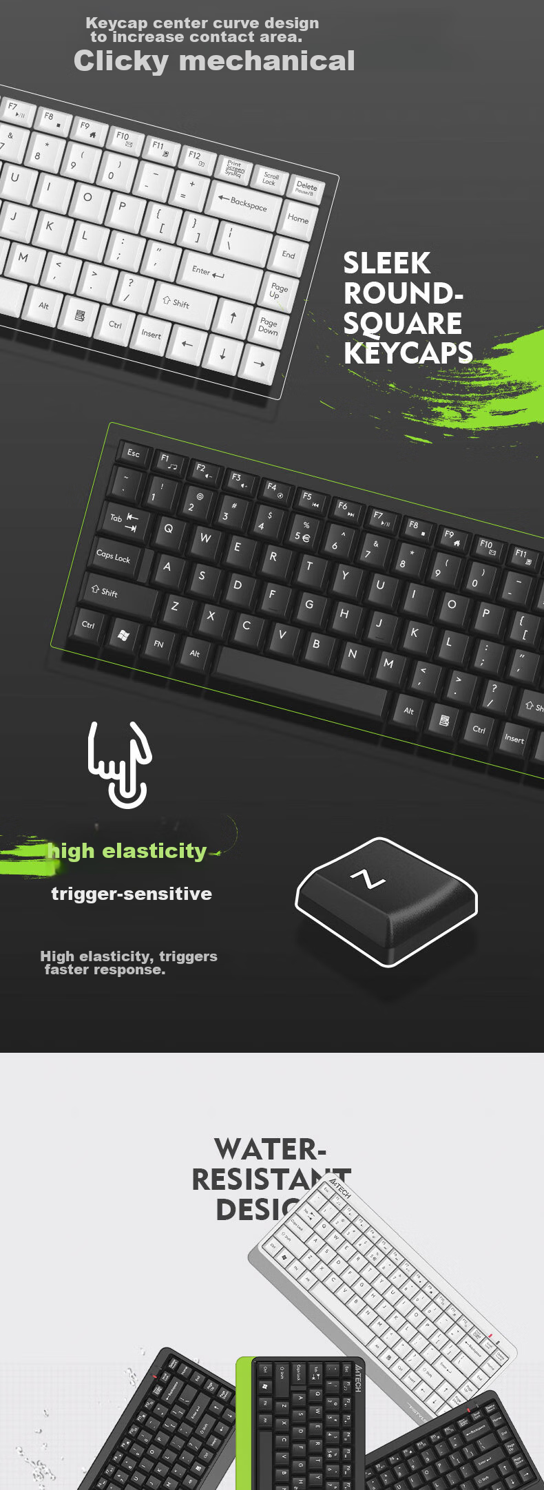A4TECH FG1120 86-Key Wireless Keyboard And Mouse Combo Set Compact Wireless Keyboard And Mouse Set Small Size Portable Fly Era Fluorescent Green Wireless 3