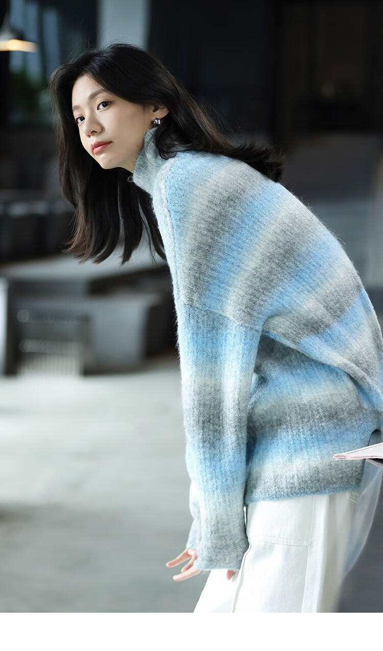 Dme [Sea Salt Layered Knit Sweater] Winter Style Artistic Healing Gray-Blue Gradient Soft Sweater for Women, Blue-Gray, S 10