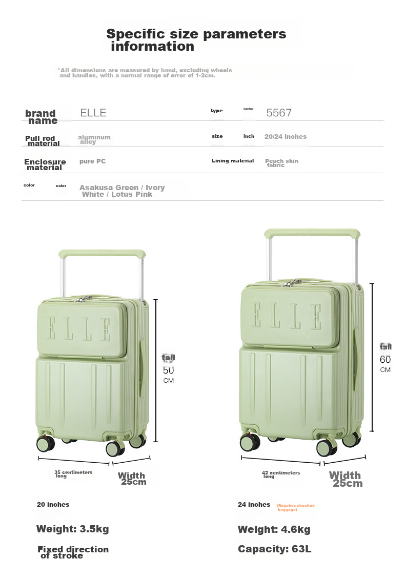 ELLE Front-Opening Luggage with Wide Handle, Large Capacity Travel Suitcase, Fashionable Password Lock, Check-In Case, 24-Inch, Gree 2