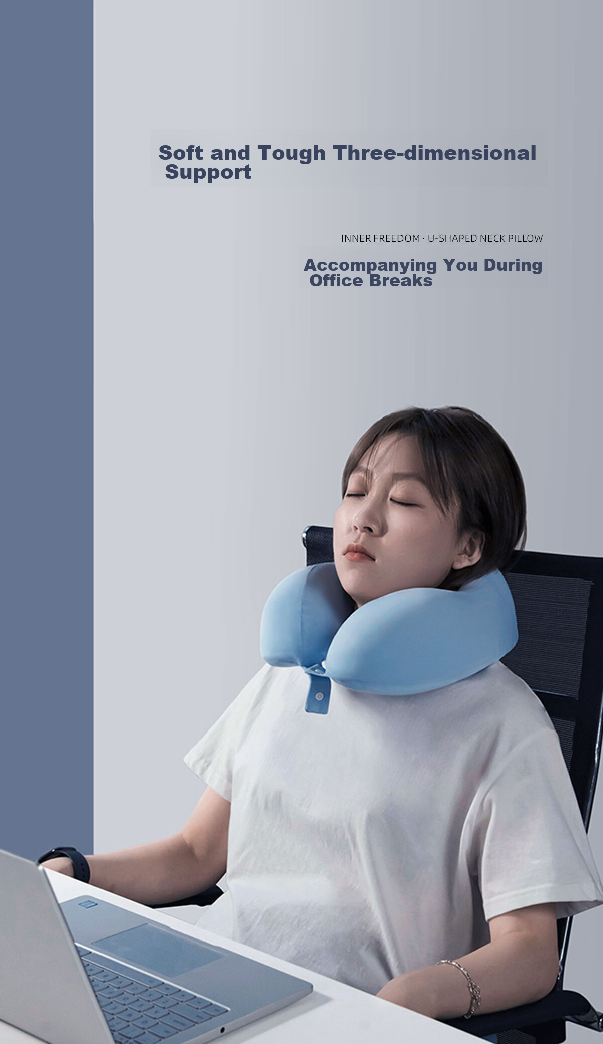 FOOJO Memory Foam U-Shaped Pillow, Portable Neck Support for Travel, Office, Nap, Car And Airplane Use, Sky Blue 3