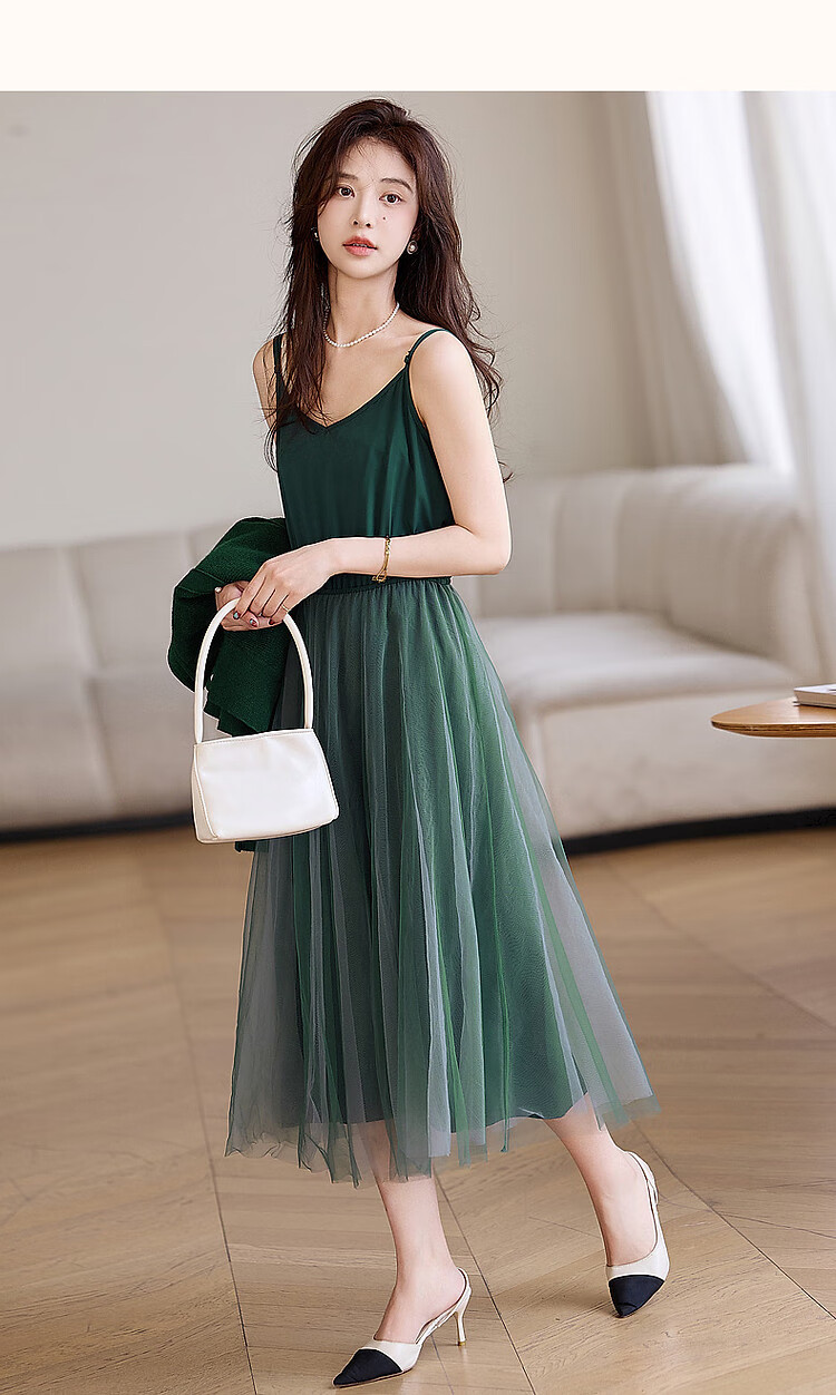 DME Ballet Style Set Spring Autumn Round Neck High Elastic Knit Sweater Mesh Slip Dress Flowing Two-Piece Set Women Black L 8