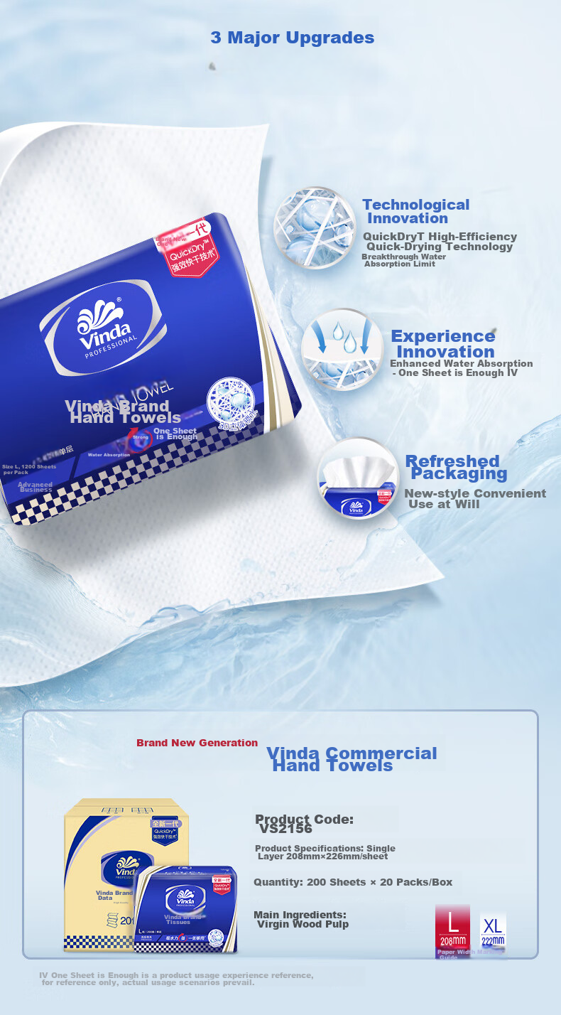 Vinda Hand Towel Paper, 1-Ply, 200 Sheets * 20 Packs, Commercial Use, Kitchen Dry Hand Paper, Absorbent, VS2156 New 4