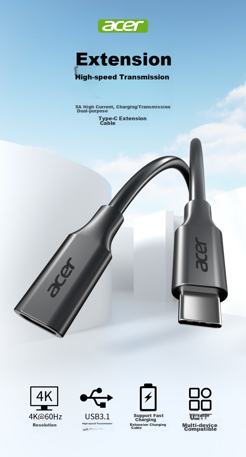 Acer Type-C Extension Cable, Male to Female, USB-C 3.1 Gen2 Data Extension Cable, Adapter for 4K Screen Casting, PD100W Charging, for Smartphones And Laptops, Full-Function Extended Length, 0.5 Meters 1