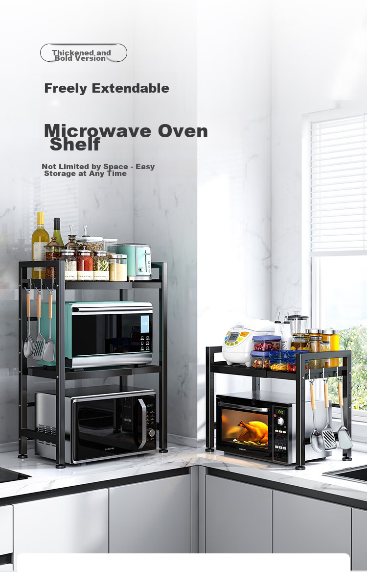 QIAONAMEI Kitchen Storage Rack, Extendable Microwave Oven Rack, Oven Shelf, Countertop Storage Rack, Double-Layer 7230-BK(C) 2