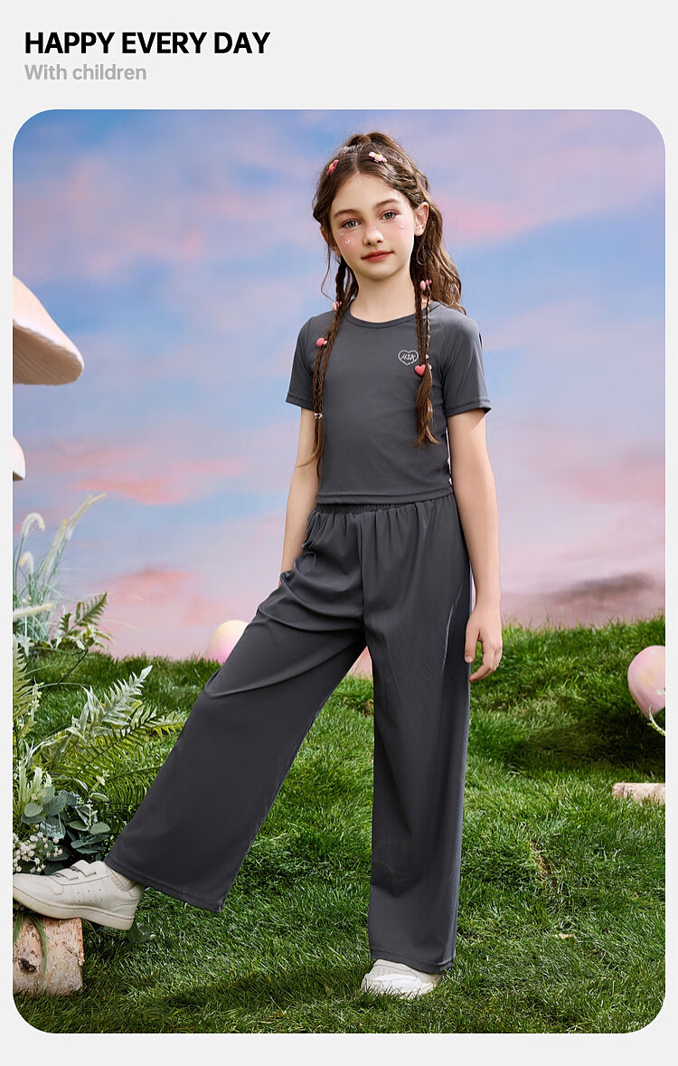 ASK JUNIOR Girls' Summer Sportswear Set: Thin Short T-Shirt + Wide-Leg Long Pants Two-Piece Set, Gray, Size 170 6