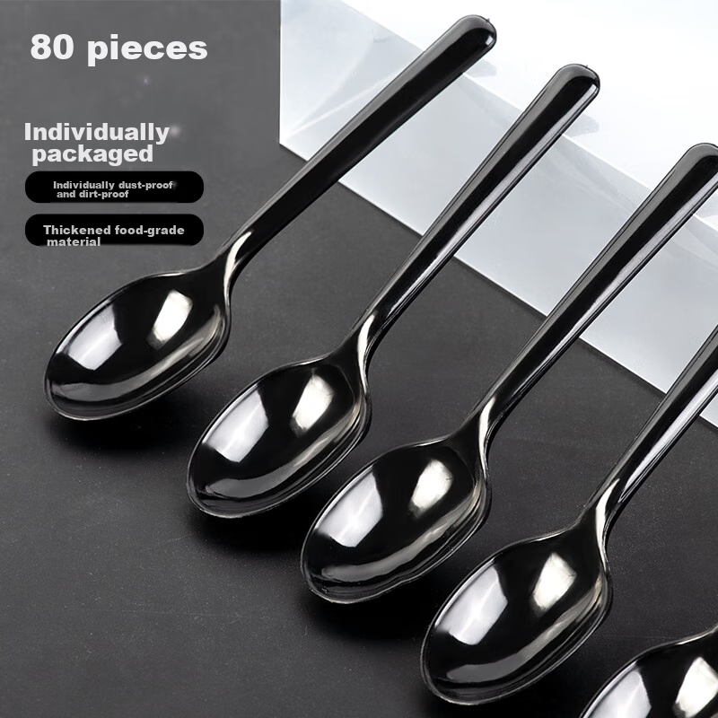 Fangcaodi Disposable Spoons, 80 Pieces, Long-Handled Small Soup Spoons for Fast Food, Desserts And Coffee, Black Color, Individually Wrapped