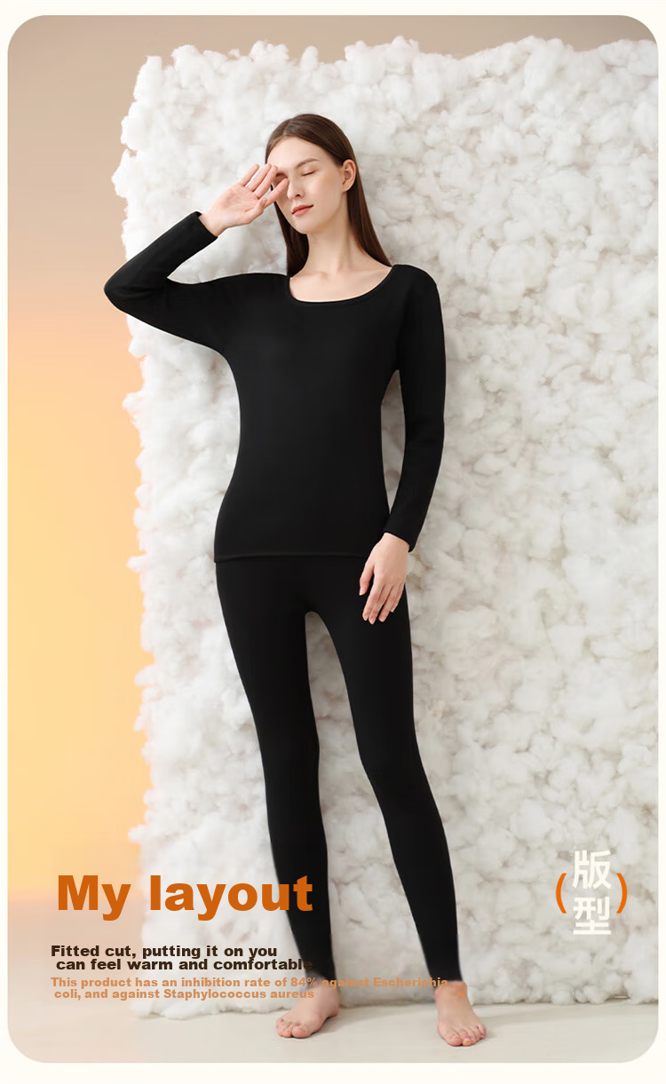 LangSha Lambswool Thermal Underwear for Women, Thickened Fleece-Lined Base Layer Top And Bottom Set for Autumn And Winter, Black 12