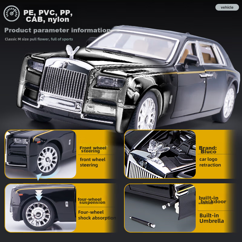 Chiyu Toys, Rolls-Royce Phantom Children's Toy Car Model, Realistic Alloy Car Model, Gift for Boys 8