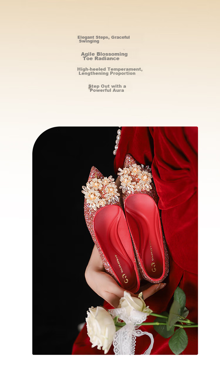Josiny Elegant Wedding Shoes, High Heels for Women, Chinese-Style Wedding Shoes to Match Dresses, Qipao, Toasting without Fatigue, Red, Size 35 3