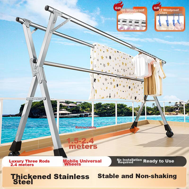 Quanpinwu Foldable Retractable Clothes Drying Rack, No Installation Required, Stainless Steel Balcony Laundry Hanger for Clothes And Bedding