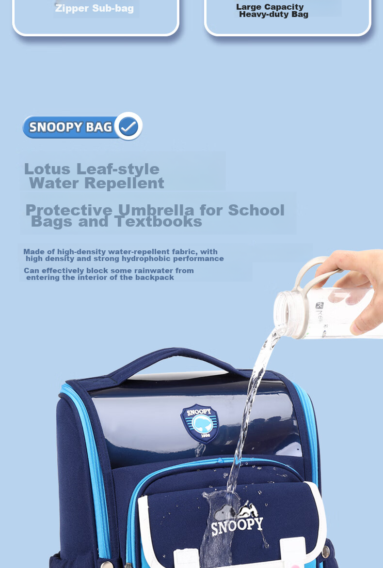 SNOOPY Backpack for Primary School Boys Grades 1-6, Large Capacity Lightweight Reduced Burden Children's Spine Protection Double Shoulder Bag for Girls, Light Blue 21