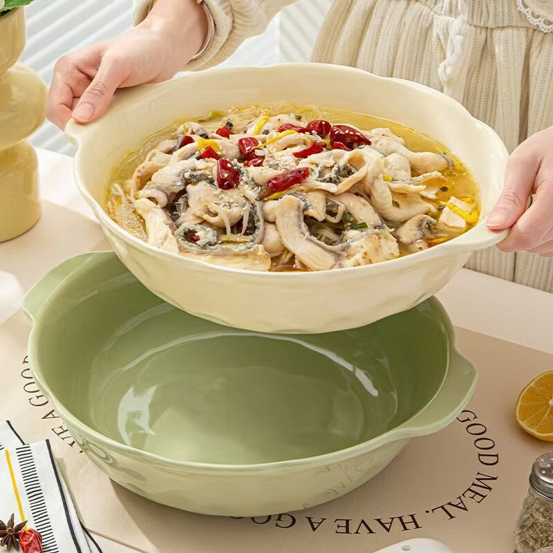 CERAMICS Large Double-Handled Soup Bowl for Sauerkraut Fish, 12-Inch Deep Pot for Boiled Fish, Specialized Soup Bowl, Cream Yellow Color, Single Piece