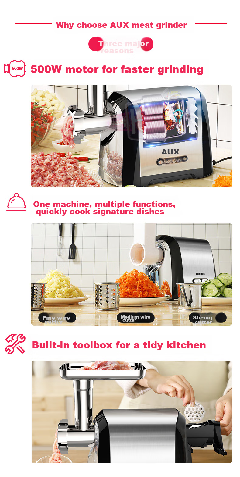 AUX Meat Grinder Sausage Stuffer, Multi-Functional Electric Home And Commercial Use Mincer And Mixer, Meat Chopper, Garlic Crusher, Large 400W Power Sausage Stuffing Machine for Sausages And Sausage Casings 2