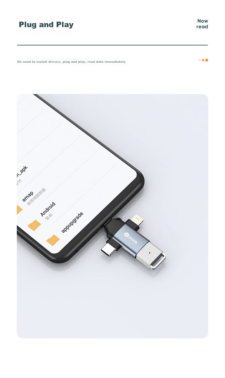 BIAZE OTG Adapter, Three-In Card Reader for Apple/Type-C/Android Phones, External USB Drive Converter Compatible with IPhone 16, for Connecting Cameras And Keyboards/Mice, P39 12