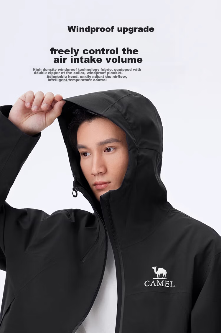 CAMEL Outdoor Hardshell Jacket for Men And Women, Windproof And Waterproof Coat, New Autumn Hiking Wear 2024 [Black Armor] R727 8
