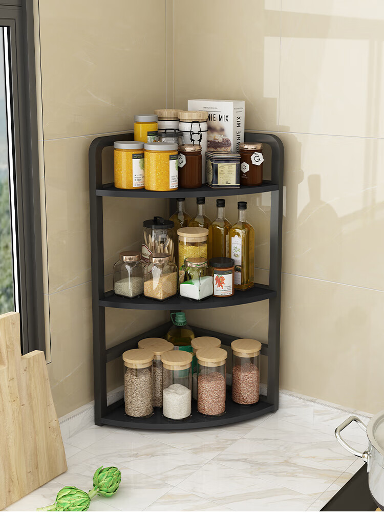 Shuaili Kitchen Countertop Storage Rack, Corner Three-Tier Organizer Shelf for Wall, Triangular Spice Rack for Miscellaneous Items And Cookware SL8415 12