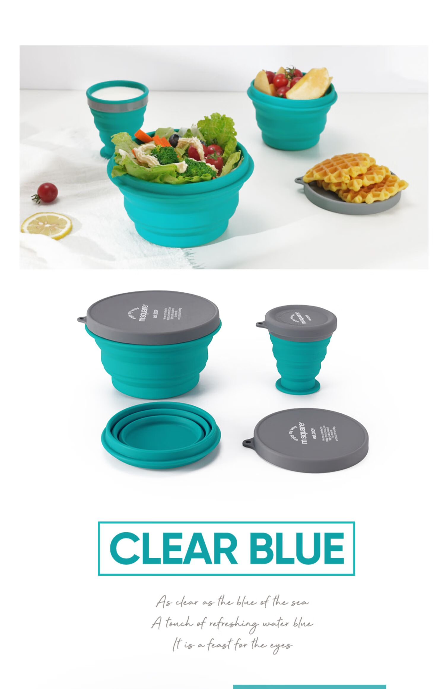 M Square Folding Bowl Portable Travel Silicone Cup Bowl Food-Grade Ramen Bowl Camping Picnic Baby Bowl Blue Large Bowl 18