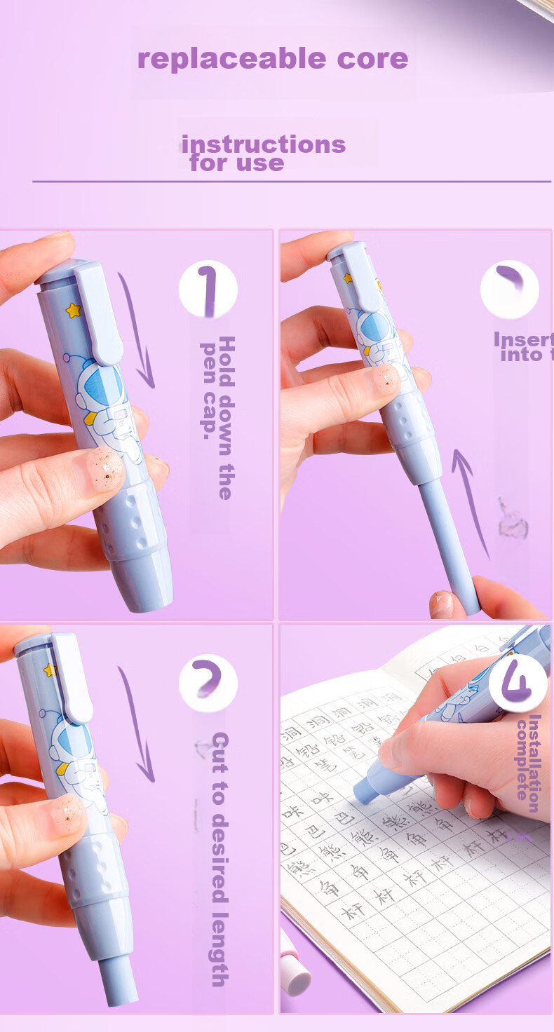 Kabaxiong Push-Button Eraser for Elementary School Students, Essential for Exams, Leaves No Residue And Keeps Hands Clean, Cartoon Soft Grip Handle, Ma Patter 8
