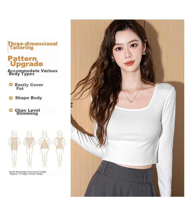 NOME Straight Shoulder Square Neck T-Shirt for Women, Inner Layer Undershirt, Spring Autumn Summer Tight-Fitting Hot Girl Long Sleeve Short Top, Black, Size S 8