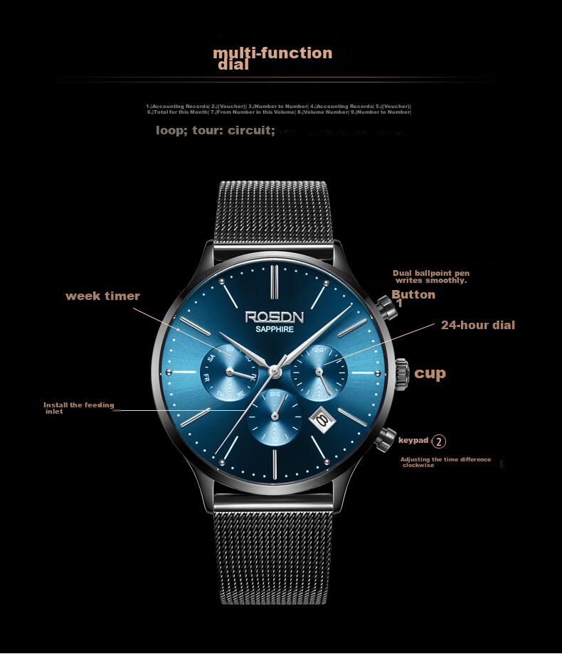 ROSDN True Diamond Series Classic Versatile Men's Waterproof Watch Top Brand Birthday Gift for Boyfriend 3