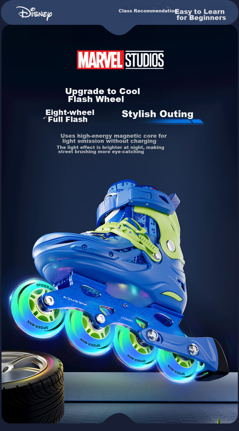 Disney Roller Skates for Children, Professional Girls' And Boys' Beginner Inline Skates, Ice Skating Shoes, Dry Ice Straight-Wheel Roller Skates, Spider-Man Set M 18