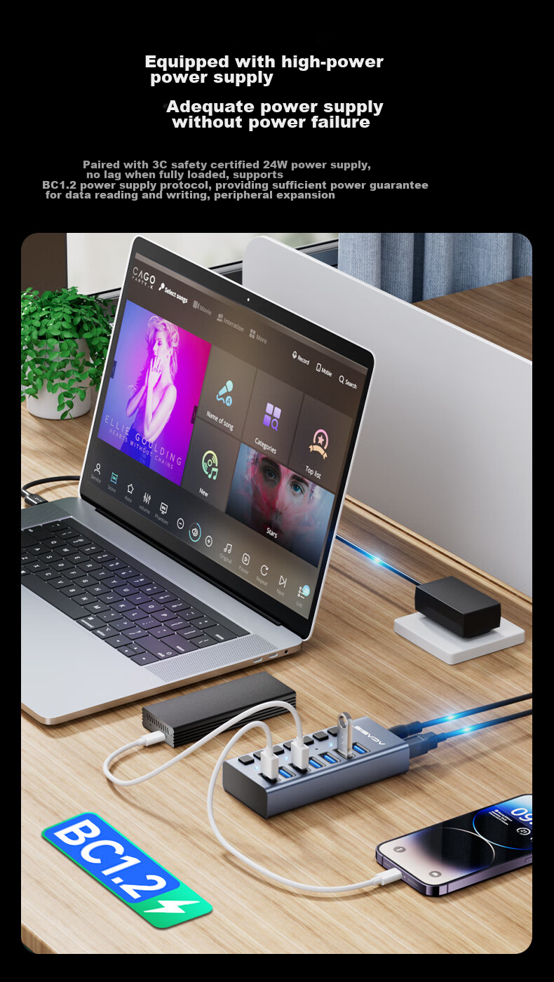 Acasis USB 3.1 Hub, 7-Port Expansion Dock, Independent Control Hub, Individual Switch Expansion Adapter, Compatible with Apple Mac Laptops, Expansion Dock HS-707MG 10Gbps 11