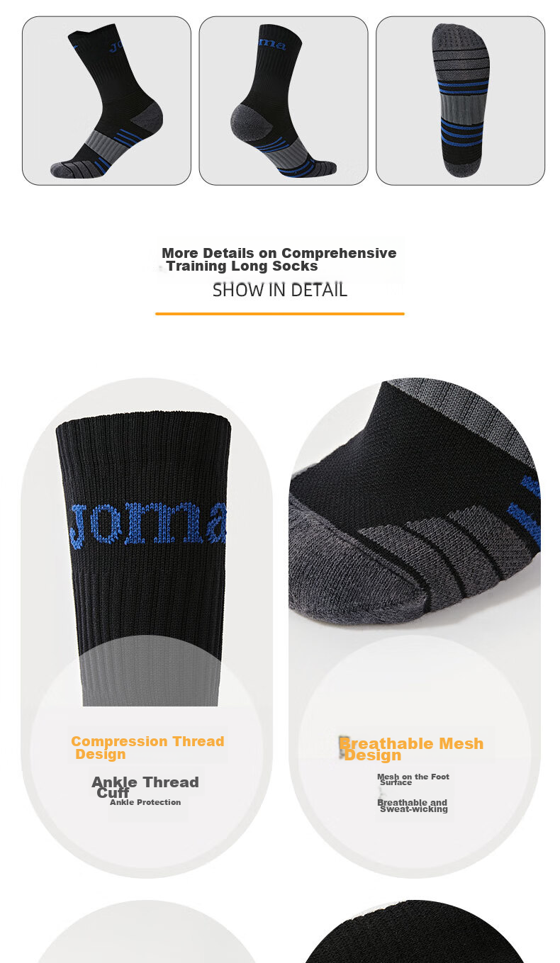 JOMA Mid-Calf Sports Socks Breathable Sweat-Wicking Durable Running Training Basketball Badminton Socks Black One Size Fits All 24