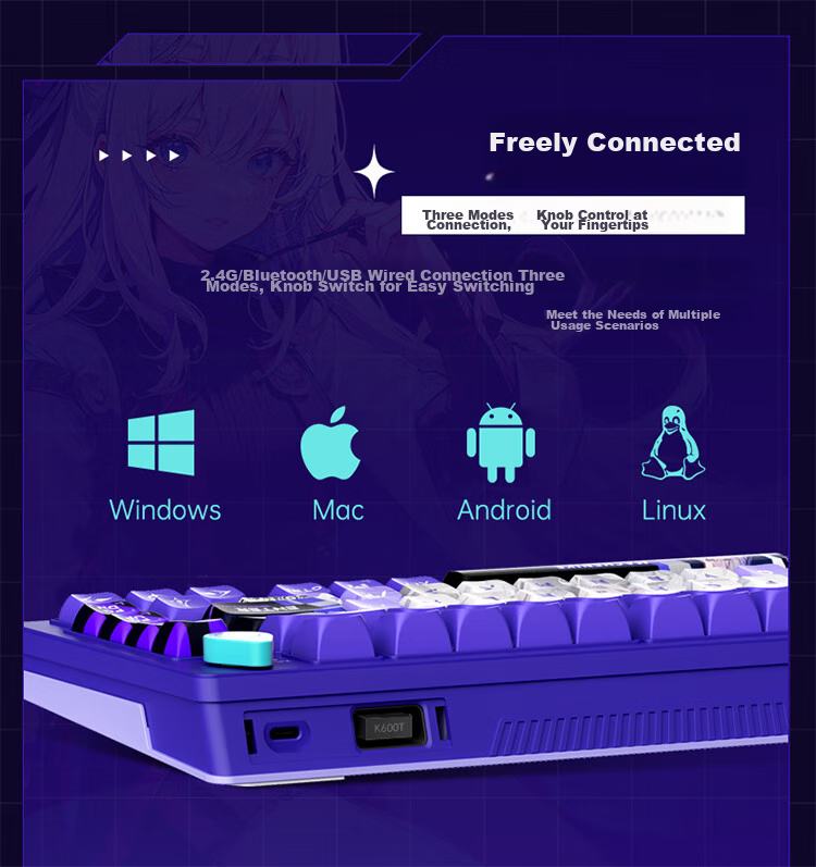 MACHENIKE K600T, 82-Key Wired/2.4G/Bluetooth Tri-Mode Mechanical Keyboard, IP Custom Edition - Baize Teng Purple Switch 15