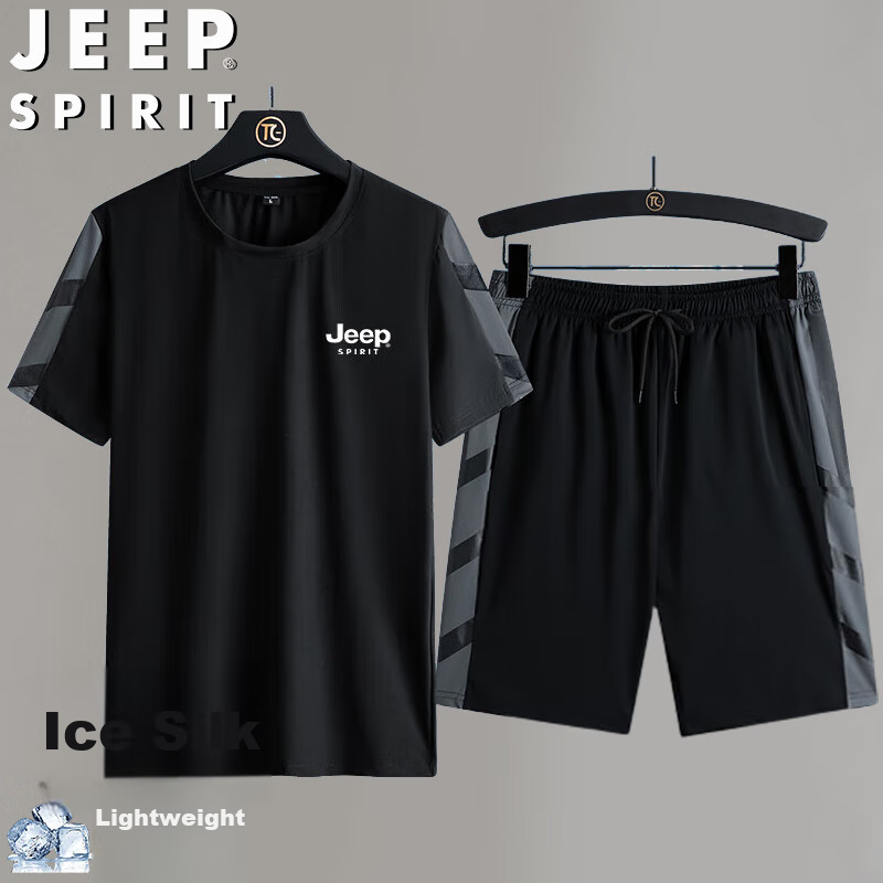 JEEP SPIRIT Men's Summer Set: Ice Silk T-Shirt And Shorts Two-Piece Outfit, Casual Sports Menswear, Black, M